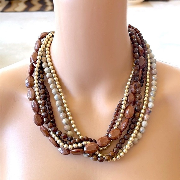 Multi-Strand Beaded Brown & Gold Tone Beaded Statement Necklace Adjustable - Picture 1 of 15